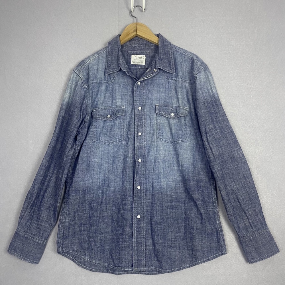 PD&C Mens Denim Western Shirt Long Sleeve‎ Button Up Casual Blue